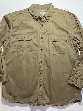 Men’s Carhartt Long Sleeve Heavy Cotton Khaki Button Up Workwear Shirt, 2XL